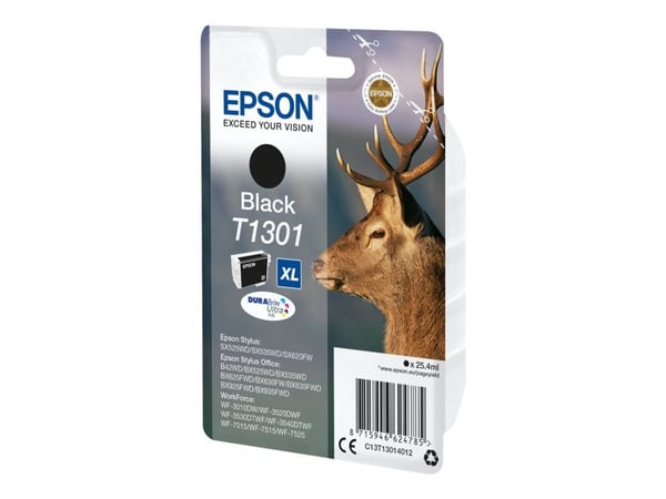Epson Stag Yksittäispakkaus, musta T1301 DURABrite Ultra -muste, Korkea (XL) värintuotto, Musta, Väriainepohjainen muste, 25,4 ml, 25,4 ml, 1 kpl