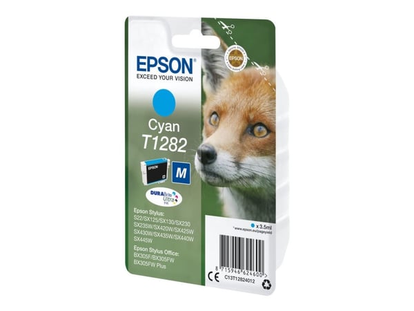 Epson Fox Yksittäispakkaus, syaani T1282 DURABrite Ultra -muste, Syaani, 3,5 ml, 1 kpl, 260 sivua