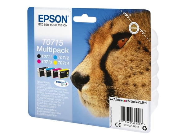 Epson Monipakkaus, 4 väriä T0715 DURABrite Ultra -muste, Perusvärintuotto, Musta, Syaani, Magenta, Keltainen, 7,4 ml, 5,5 ml, 1 kpl, Monipakkaus