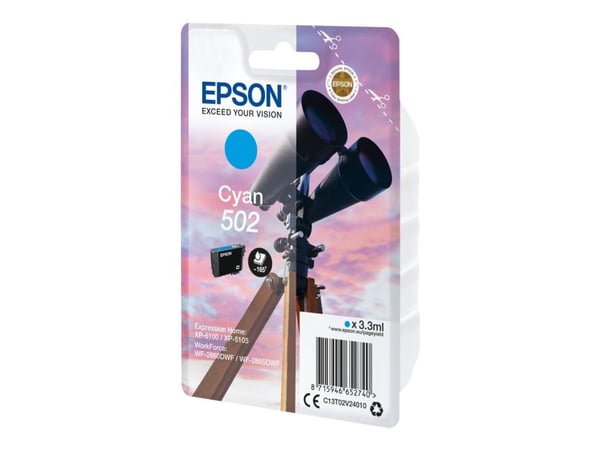 Epson Singlepack Cyan 502 Ink, Perusvärintuotto, Syaani, 3,3 ml, 1 kpl, 165 sivua
