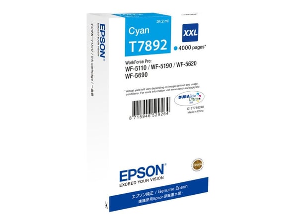 Epson T7892 - 34.2 ml - XXL-størrelse - cyan - original - blekkpatron - for WorkForce Pro WF-5110DW, WF-5190DW, WF-5190DW BAM, WF-5620DWF, WF-5690D...