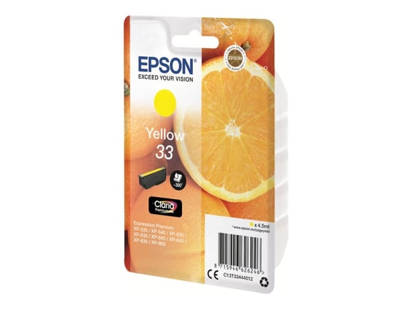 Epson Oranges Singlepack Yellow 33 Claria Premium Ink, Perusvärintuotto, Keltainen, Väriainepohjainen muste, 4,5 ml, 1 kpl, 300 sivua