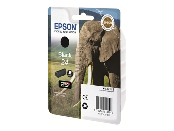Epson Elephant Singlepack Black 24 Claria Photo HD Ink, musta, Väriainepohjainen muste, 1 kpl