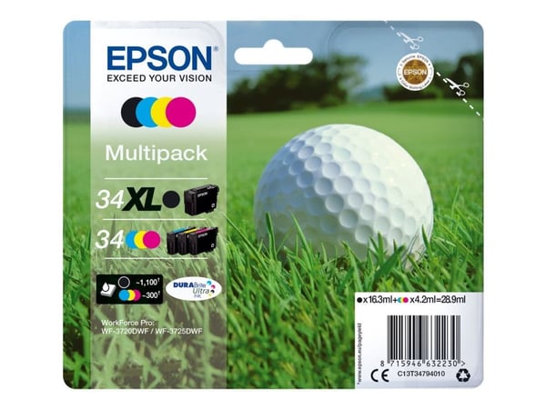 Epson Golf ball Multipack 4-colours 34 XL Black/Std. CMY DURABrite Ultra Ink, Korkea (XL) värintuotto, Musta, Syaani, Magenta, Keltainen, Väriainep...