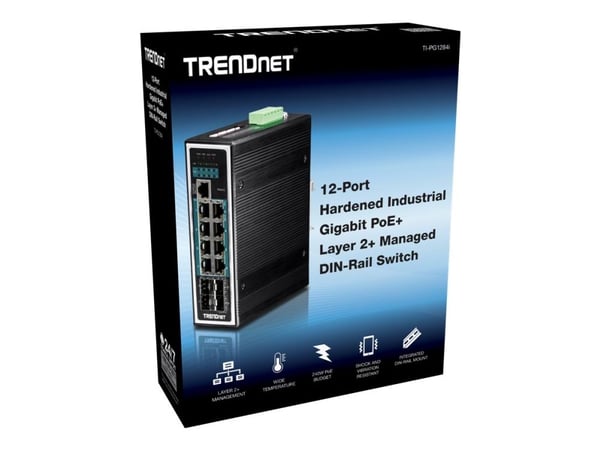 TRENDnet TI-PG1284I - Switch - L2+ - Styrt - 8 x 10/100/1000 (PoE+) + 4 x Gigabit SFP - DIN-skinnemonterbar - PoE+ (240 W) - TAA-samsvar