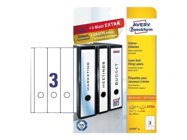 Avery L4759 - Hvit - 61 x 297 mm 75 stk (25 ark x 3) filmappeetiketter