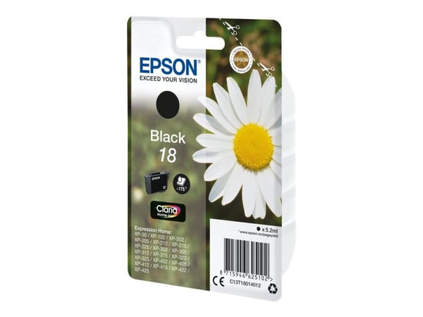 Epson 18 - 5.2 ml - svart - original - blekkpatron - for Expression Home XP-212, 215, 225, 312, 315, 322, 325, 412, 415, 422, 425