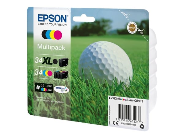 Epson Golf ball Multipack 4-colours 34 XL Black/Std. CMY DURABrite Ultra Ink, Korkea (XL) värintuotto, Musta, Syaani, Magenta, Keltainen, Väriainep...