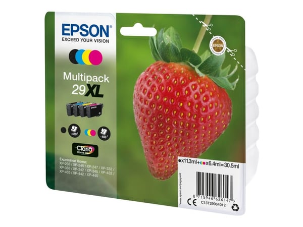 Epson Strawberry Multipack 4-colours 29XL Claria Home Ink, Korkea (XL) värintuotto, Musta, Syaani, Magenta, Keltainen, 11,3 ml, 6,4 ml, 1 kpl, 470 ...