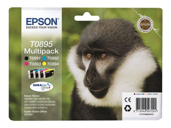 Epson Monkey Monipakkaus, 4 väriä T0895 DURABrite Ultra -muste, musta, Syaani, Magenta, Keltainen, 5,8 ml, 3,5 ml, 1 kpl, Monipakkaus