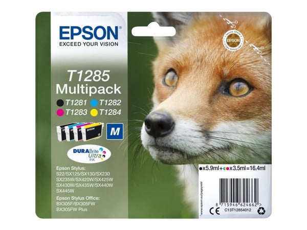 Epson T1285 Multipack - 4-pack - svart, gul, cyan, magenta - original - blære med RF/lyd-alarm - blekkpatron (alternativ for: Epson T1285) - for St...