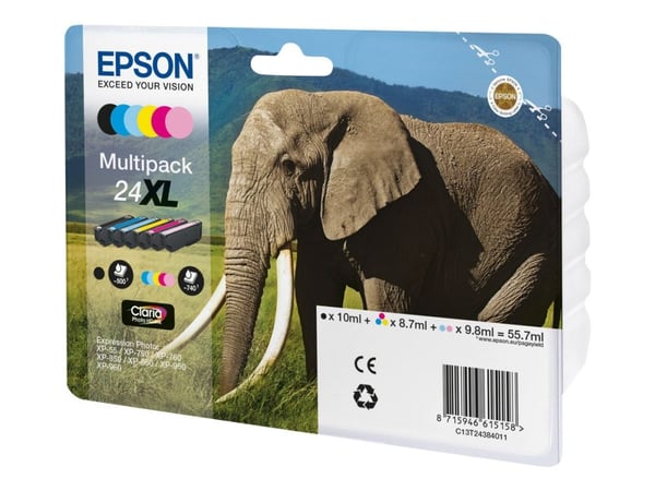 Epson 24XL Multipack - 6 pakker - XL - svart, gul, cyan, magenta, lys magenta, lys cyan - original - blekkpatron - for Expression Photo XP-55, XP-7...