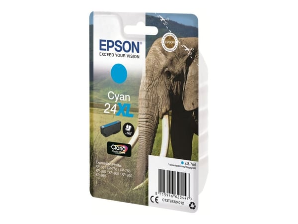 Epson 24XL - 8.7 ml - XL - cyan - original - blekkpatron - for Expression Photo XP-55, 750, 760, 850, 860, 950, 960, 970; Expression Premium XP-750...