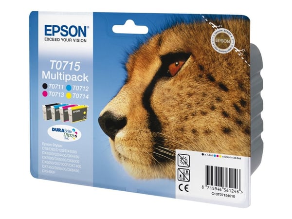 Epson Monipakkaus, 4 väriä T0715 DURABrite Ultra -muste, Syaani, Magenta, Keltainen, Väriainepohjainen muste, 7,4 ml, 1 kpl, Monipakkaus