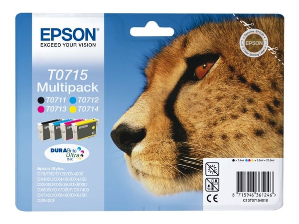 Epson Monipakkaus, 4 väriä T0715 DURABrite Ultra -muste, Syaani, Magenta, Keltainen, Väriainepohjainen muste, 7,4 ml, 1 kpl, Monipakkaus