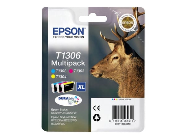 Epson Stag Monipakkaus, 3 väriä T1306 DURABrite Ultra -muste, Korkea (XL) värintuotto, Syaani, Magenta, Keltainen, Väriainepohjainen muste, 10,1 ml...