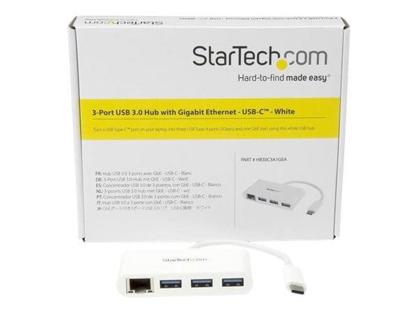 StarTech.com 3 Port USB C Hub w/ Gigabit Ethernet - USB Type C to 3 x USB-A - Multi Port USB 3.0 Hub for MacBook Pro (HB30C3A1GEA) - Hub - 3 x Supe...
