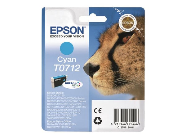 Epson T0712 - 5,5 ml - syaani - alkuperäinen - läpipainopakkaus - värikasetti - Stylus DX9400, SX115, SX210, SX215, SX215, SX218, SX415, SX515, SX6...