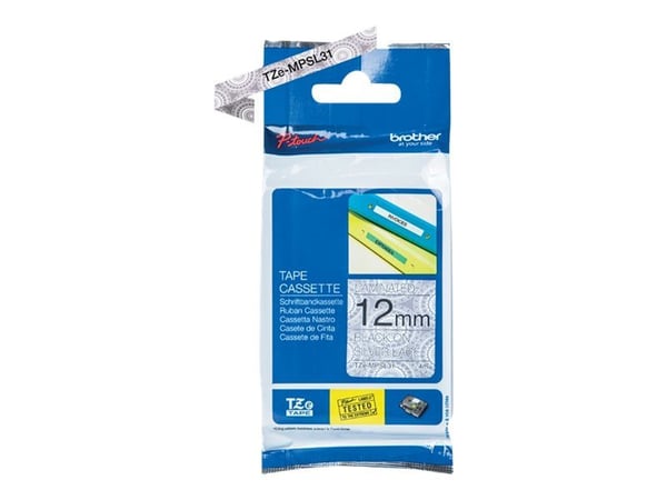 Brother TZe-MPSL31 - Svart på sølvknipling - Rull (1,2 cm x 4 m) 1 kassett(er) laminert teip - for Brother PT-H110; P-Touch Cube PT-P300; P-Touch C...