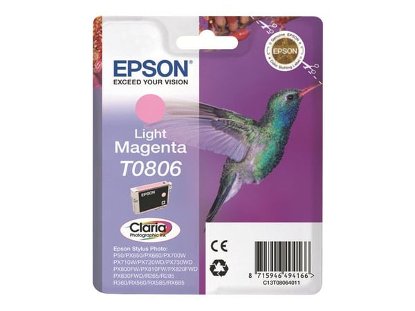 Epson Hummingbird Yksittäispakkaus, vaalea magenta T0806 Claria Photographic -muste, Väriainepohjainen muste, 7,4 ml, 1 kpl