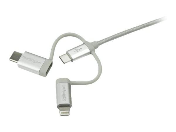 StarTech USB Multi Charging Cable - 3.3 ft / 1m - Lightning / USB-C / Micro-USB - Braided - MFi Certified - USB 2.0 - 3 in 1 Charging (LTCUB1MGR) -...