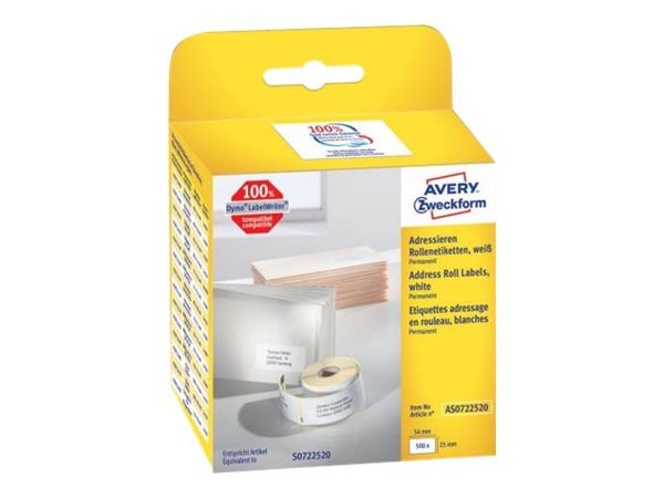 Avery Zweckform - Papir - permanet adhesiv - hvit - 25 x 54 mm 500 etikett(er) (1 rull(er) x 500) rektangulære adresseetiketter Avery Zweckform - Papir - permanet adhesiv - hvit - 25 x 54 mm 500 etikett(er) (1 rull(er) x 500) rektangulære adresseetiketter