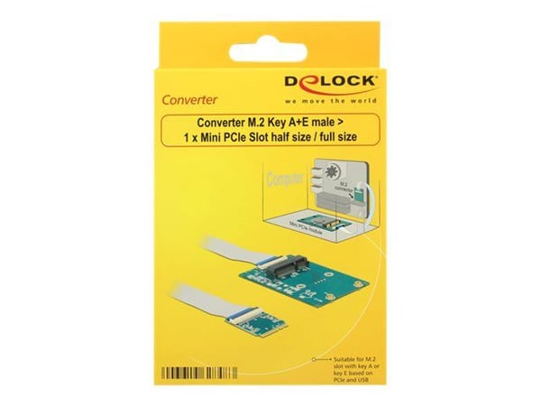 Delock-konverter M.2 Key A+E-kontakt > 1x Mini PCIe-spor halv størrelse/full størrelse med fleksibel kabel