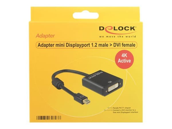 Delock - Videoadapter - enkeltlink - Mini DisplayPort (han) til DVI-I (hun) - DisplayPort 1.2 - 20 cm - tommelskruer, 4K support - sort