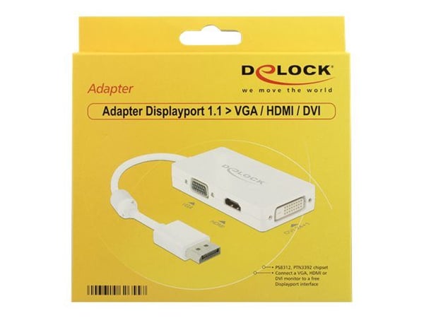 Delock - DisplayPort-adapter - DisplayPort (hann) til HD-15 (VGA), HDMI, DisplayPort (hunn) - 16 cm - hvit
