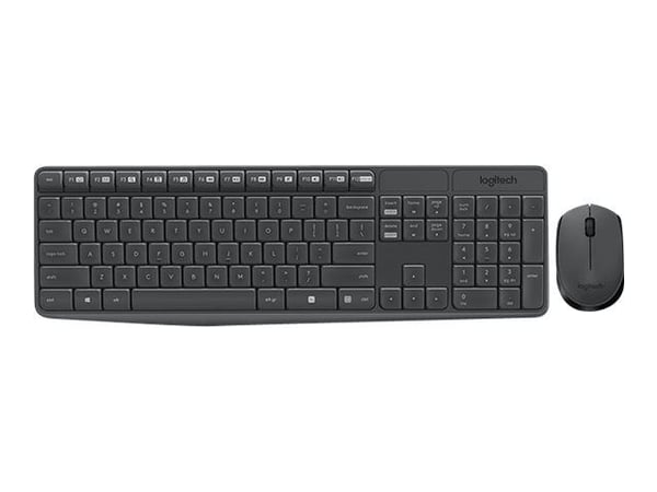 Logitech MK235, Täysikokoinen (100 %), Langaton, Langaton RF, QWERTY, Harmaa, Sisältää hiiren