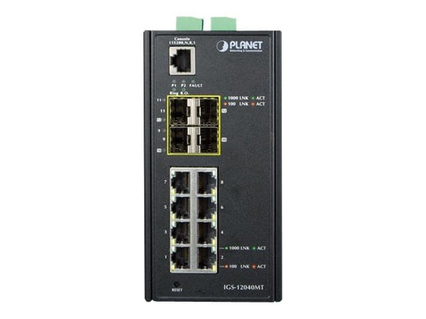 PLANET IGS-12040MT - Switch - Styrt - 8 x 10/100/1000 + 4 x Gigabit SFP - DIN-skinnemonterbar, veggmonterbar - AC 24 V / DC 12 -72 V