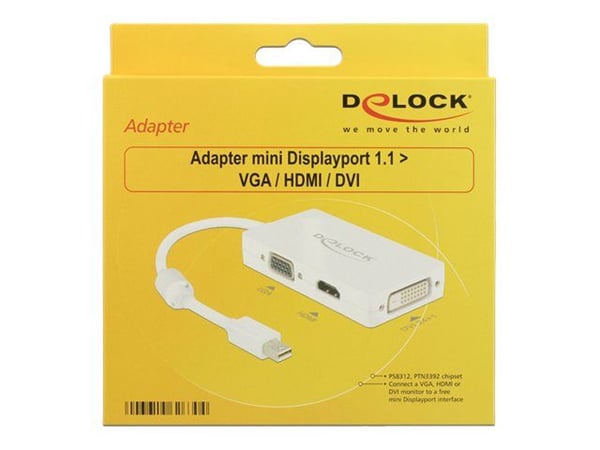 Delock - DisplayPort-adapter - Mini DisplayPort (hann) til HD-15 (VGA), HDMI, DisplayPort (hunn) - 16 cm - hvit