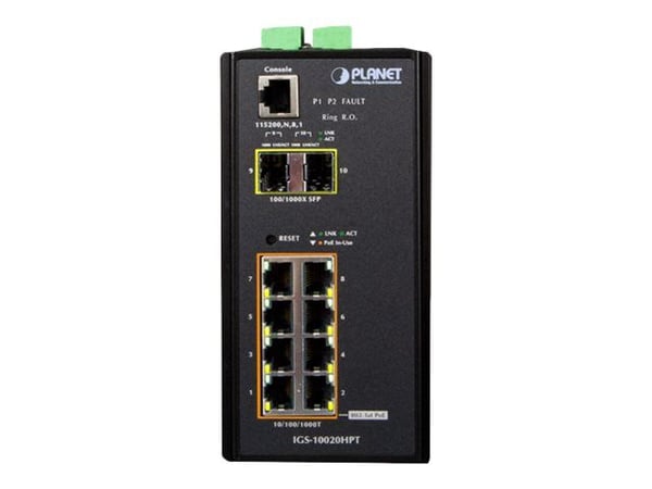 PLANET IGS-10020HPT - Switch - L2+ - Styrt - 8 x 10/100/1000 (PoE+) + 2 x Gigabit SFP - DIN-skinnemonterbar, veggmonterbar - PoE+ (270 W) - DC-strøm