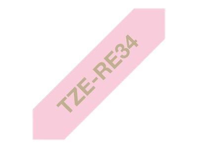 Brother TZe-RE34 gavebånd 12mm x 4m - guld på pink satinbånd