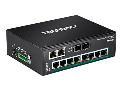 TRENDnet TI-PG102 - Switch - ikke-styrt - 8 x 10/100/1000 (PoE+) + 2 x kombo-Gigabit SFP - DIN-skinnemonterbar, veggmonterbar - PoE+ (240 W) - DC-s...