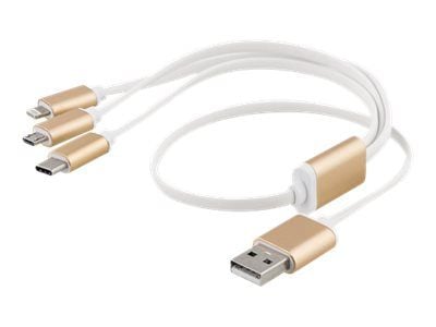 Deltaco USB-MULTI05, 0,5 m, Mini-USB B, USB C/Micro-USB B/Lightning, Kulta, Valkoinen