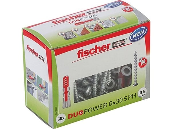 Fischer DUOPOWER 6 x 30 PH LD, Ekspansjonsanker, Betong, Metall, Grå, Pozidriv, PZ2