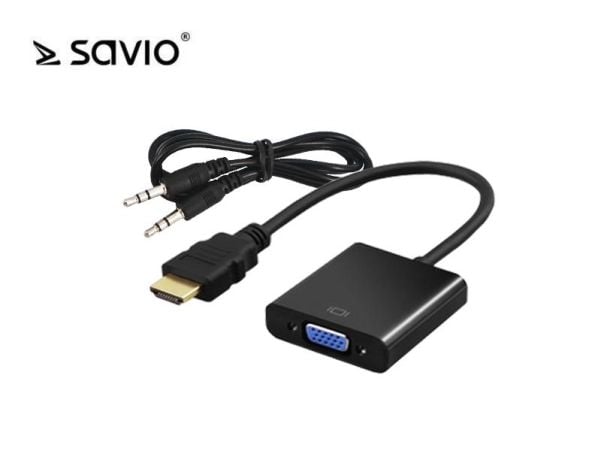 SAVIO CL-23/B - Video adapter - HDMI hann til HD-15 (VGA), mini-phone stereo 3.5 mm hunn - 50 cm - svart - 1080p-støtte