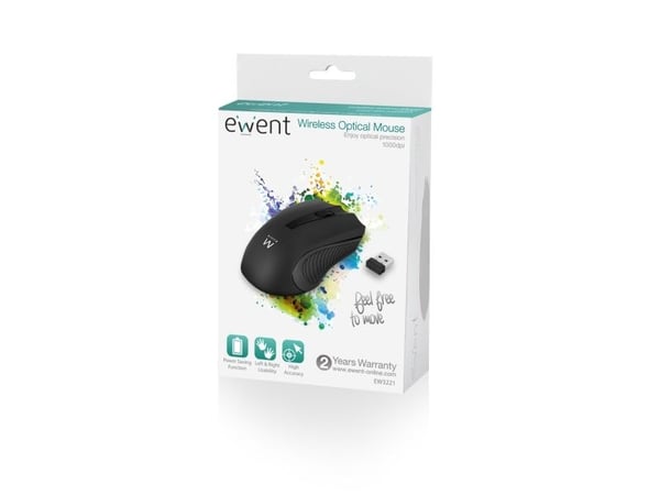 Ewent EW3221, Ambidekstriøs, Optisk, RF kabel-fri, 1200 DPI, Sort