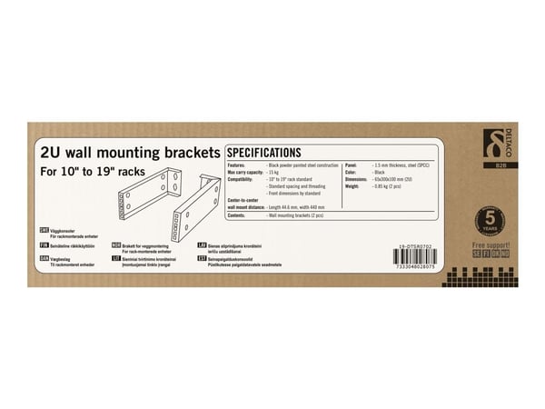 DELTACO 19-DTSR0702 - Rack-brakett - veggmonterbar - svart - 2U - 10"/19"