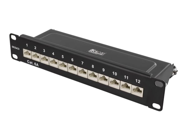 DELTACO 10-PATCH15 - Koblingspanel - rackmonterbar - CAT 6a - STP - RJ-45 X 12 - svart - 10"