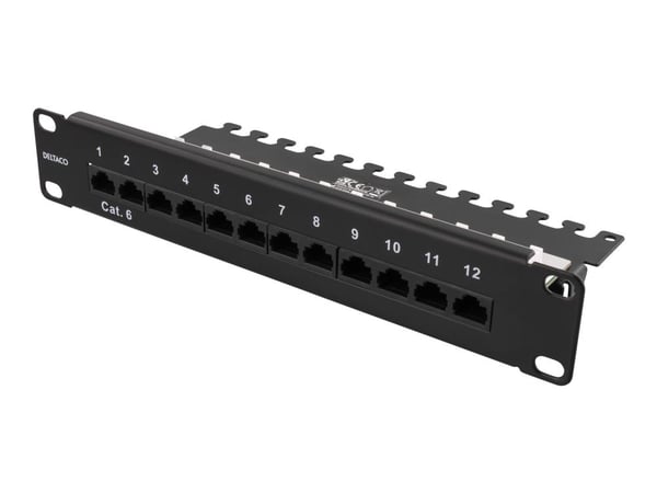 DELTACO 10-PATCH16 - Koblingspanel - rackmonterbar - CAT 6 - UTP - RJ-45 X 12 - svart - 1U - 10"
