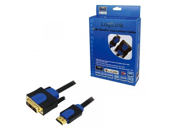 LogiLink CHB3103, 3 m, HDMI, DVI-D, Guld, Sort, Blå, Hanstik/Hanstik