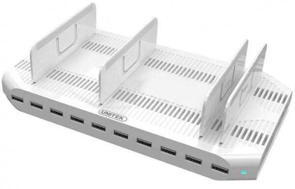 Unitek - Ladestativ + AC-strømadapter - 2.4 A - 10 utgangskontakter (USB)