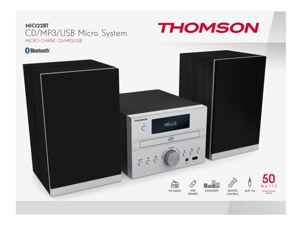 Thomson MIC122BT, Hemmaljud mikrosystem, Svart, Silver, Front, 50 W, FM, Automatisk scanning
