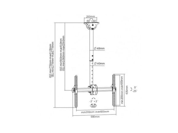 TECHly - Monteringssett (takmontering, monteringsbrakett, teleskopstang) - for flatpanel - stål - svart - skjermstørrelse: 37"-70" - takmonterbar
