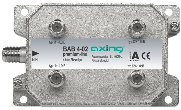 Axing BAB 4-02, Kaapelin jakaja, 5 - 1006 MHz, Harmaa, Uros, A, 4 kpl