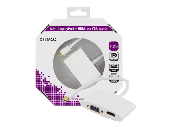 DELTACO - Video adapter - Mini DisplayPort hann til HD-15 (VGA), HDMI hunn - hvit