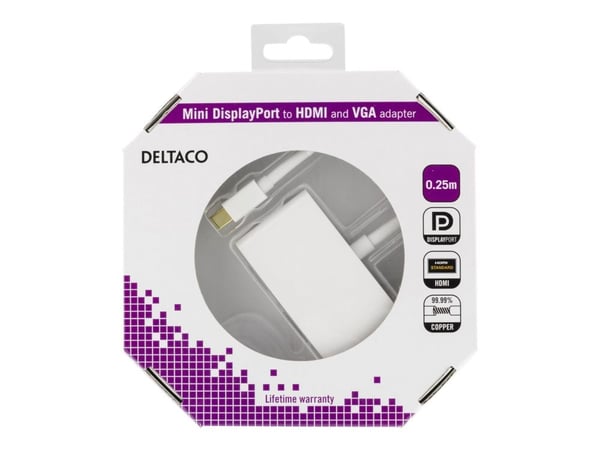 DELTACO - Video adapter - Mini DisplayPort hann til HD-15 (VGA), HDMI hunn - hvit