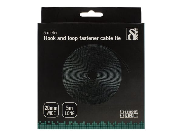 Deltaco CM2005S, Hook & loop cable tie, Musta, 5 m, 20 mm, 1 kpl